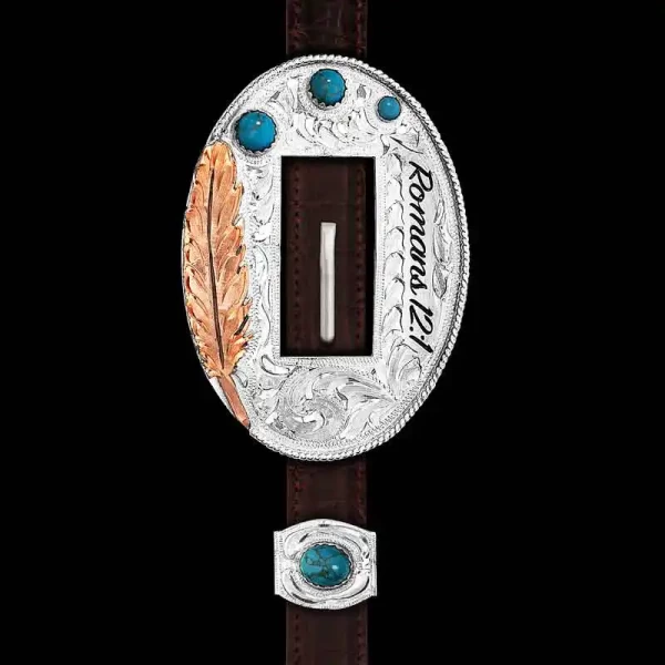 Watch out  this shiny Andalusian Headstall Buckle might stop everyone in your equine partner's path. Hand crafted on a German Silver base, it features hand engraved scrollwork, three stimulated turquoise stones, a traditional rope edge, and a Copper feath